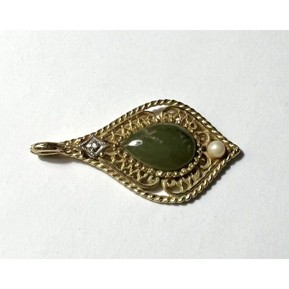 Vtg Jade Diamond and Cultured Pearl Teardrop Gold Tone Pendant Pat Pending - Picture 3 of 6